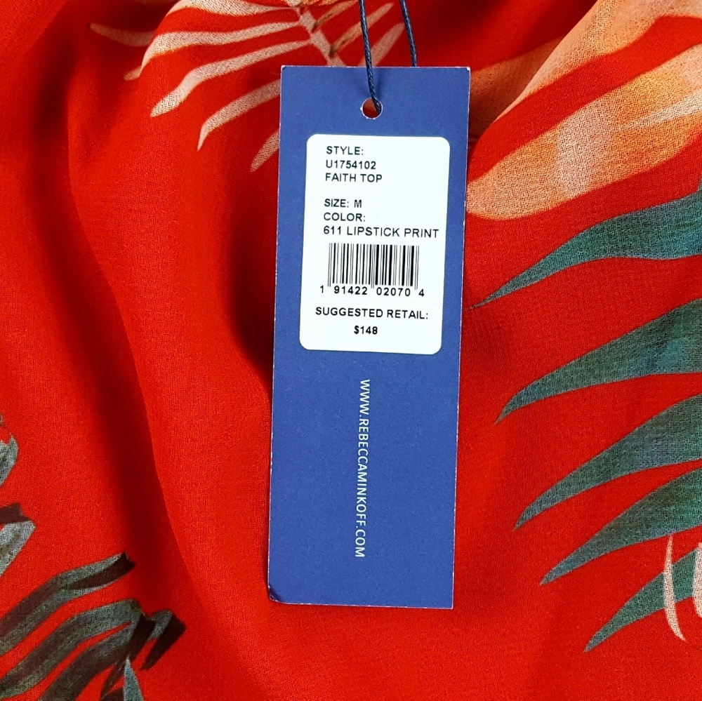 NWT REBECCA MINKOFF Faith Lipstick Print Tropical Palm Off Shoulder Ruffle - Picture 2 of 8